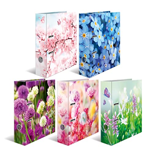 HERMA Folder A4 Flower Set, 10 Pieces, 7 cm Wide, Childrens Ring Binder with Plant Motif, Colourful Lever Arch File with Inner Print for Boys and Girls