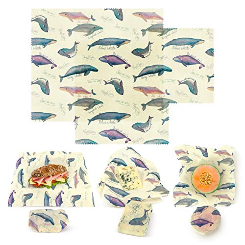 PlanetCare BEESWAX WRAPS; Set of 3 (S M L): Endangered Whales Series Limited Edition: Reusable food wrap, 100% ORGANIC, 100% BIODEGRADABLE; plastic free HEALTHY sustainable beeswax wrap