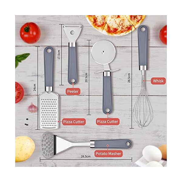 Uarter Kitchen Utensil Sets 5 Pcs - Kitchen Tools Essentials Gadgets - Cookware Gadgets/Accessories with Potato Masher | Peeler | Cheese Grater | Whisk | Pizza Cutter - Cooking Utensils for Daily Use