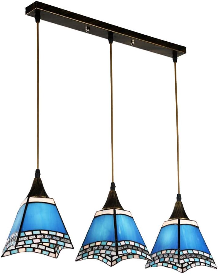 TopDeng Blue Tiffany Style Pendant Light, E26 3-Lights Hanging lamp with Colorful Glass Light Fixture for Kitchen Island Restaurant Hallway-B