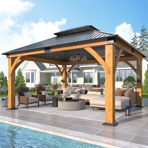 COVERONICS 13’x 15’ Outdoor Spruce Wood Gazebo - Patio Hardtop Gazebo Permanent Wooden Pavilion with 2 Shelves, Galvanized Steel Double Roof Wooden Gazebos for Garden, Porch, Lawn, Poolside, Backyard