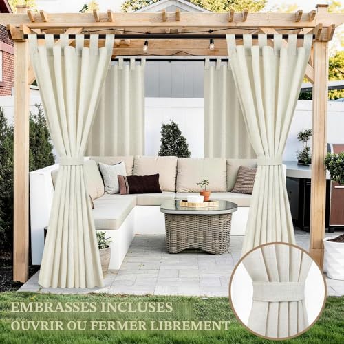 Linen Outdoor Curtain, Set of 2 Waterproof Outdoor Curtains, Outdoor Pergola Curtain with Eyelets at the Top, Blackout Outdoor Curtain for Patio, Balcony, Gazebo, Door (132 x 215 cm, Beige)