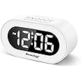 REACHER Small LED Digital Alarm Clock with Snooze, Simple to Operate, Full Range Brightness Dimmer, Adjustable Alarm Volume, Outlet Powered Compact Clock for Bedrooms, Bedside, Desk, Shelf(White)