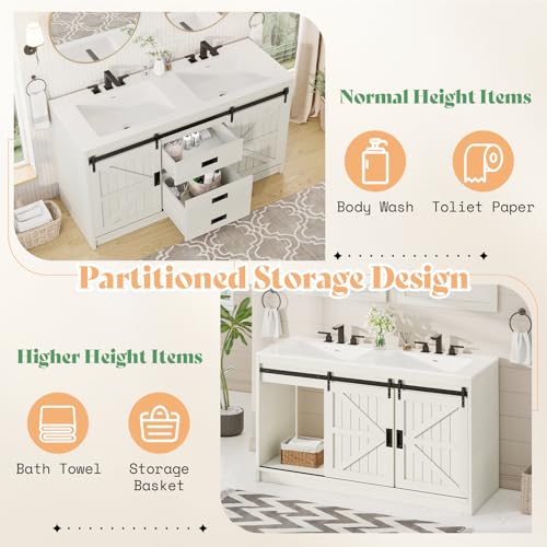 Jocisland Double Farmhouse Bathroom Vanity with Sink, 61in Sliding Barn Door Bathroom Storage Cabinet with Sliding Doors & Drawers, Dual Basin, Large Double Bath Vanity Sink Combo, White