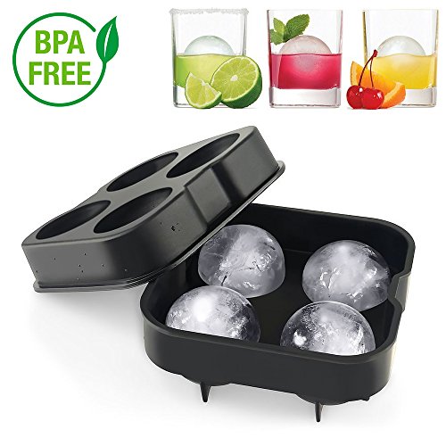 Domi Ice Ball Maker, Black Easy Flexible Silicone Ice Tray，4 Round Large Sphere Ice Molds with Lid & Big Ice C