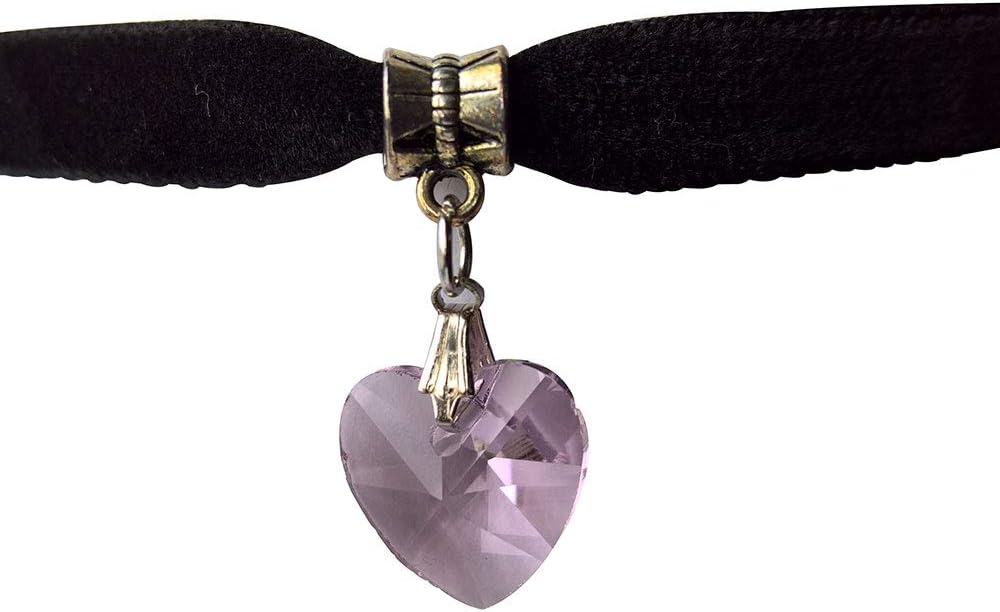 7.5 Inch Black Velvet Choker Necklace with Beautiful Heart Crystal Charm Pendant on an Oxidized Bail with 1.75" Extender