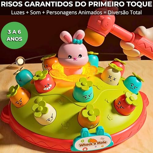 Bate Toupeira Infantil Eletrônico com Martelo — Luz e Som, Desenvolvimento Sensorial e Coordenação Motora, Para Crianças 3 a 6 Anos, Presente de Aniversário e Natal