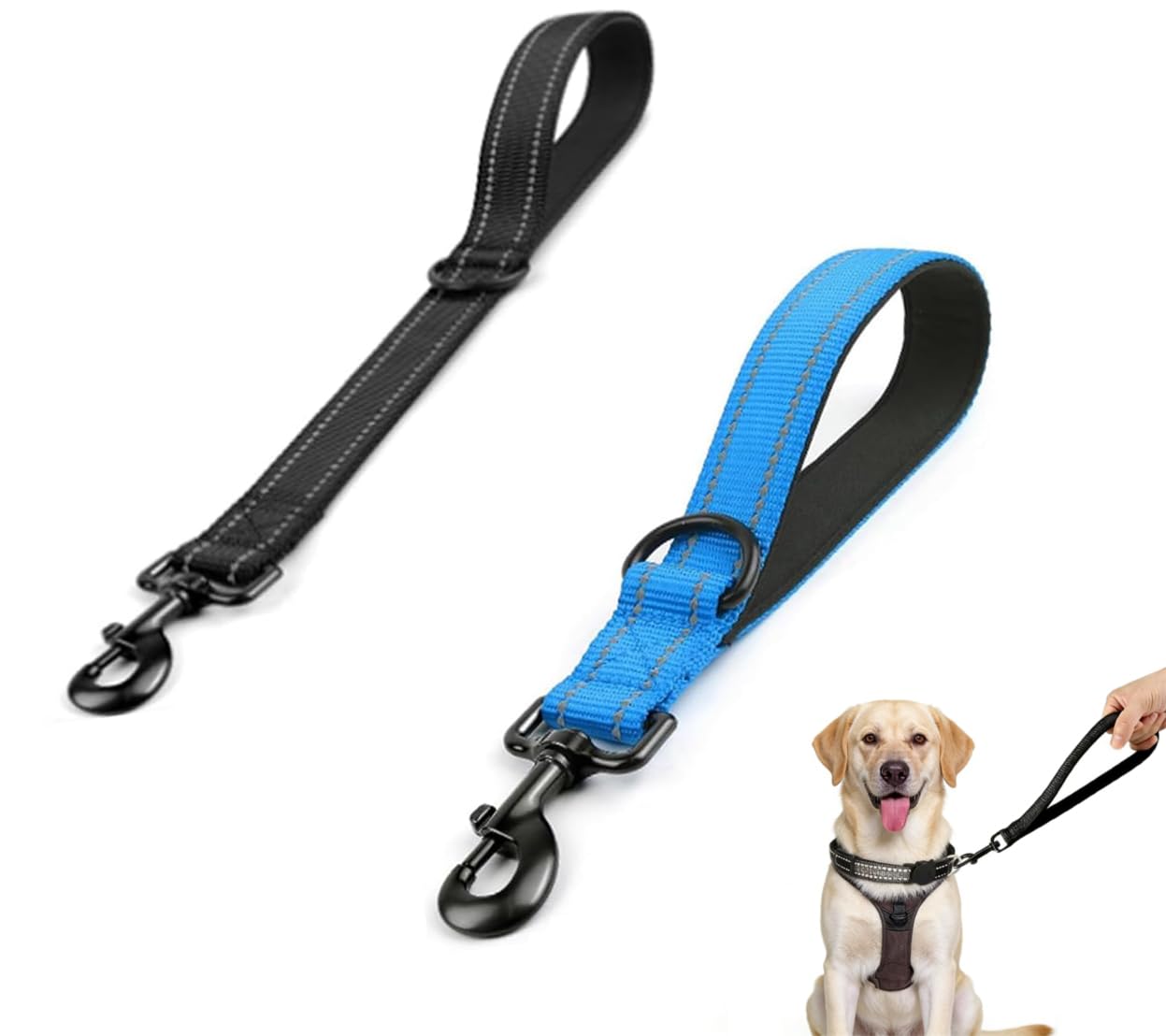 Yuiturt 2 Pcs Short Dog Lead for Medium Large Dogs 11.8 inch, Reflective Dog Traffic Training Lead with Padded Handle Dog Seat Safety Belt Pet Car Harness, Universal Nylon Walking Travelling Leash
