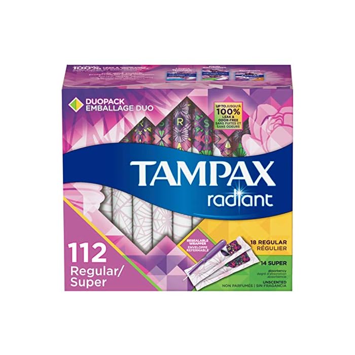 Tampax Radiant Plastic Tampons, 18 Regular/14 Super Absorbency Multipack, Unscented, 32 Count, Pack of 4 (Total 128…