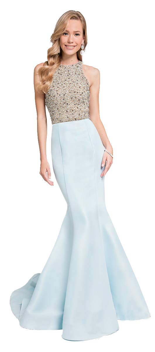 Terani Couture Halter Top Racer Back Beaded Bodice Trumpet Dress