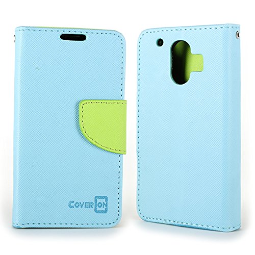 ZTE Compel Z830 Case, Flip Stand Wallet [CoverON CarryAll Pouch] Tough Exterior Design [Features Credit Card ID Slots and Wrist Strap] Phone Cover Case for ZTE Compel Z830 - Light Blue / Neon Green - Thumbnail 2