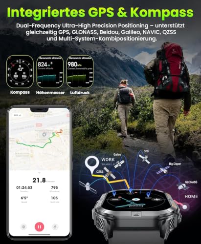 Joautrial Men's GPS Smart Watch, 2.13 Inch AMOLED Military Smartwatch with LED Flashlight, Barometer, Compass, 100+ Sports Modes, Bluetooth Calls, 3ATM Waterproof for Android iOS (Black)