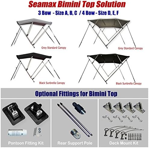 SEAMAX Bimini Top Solution with Storage Boot for Inflatable Boat, Fiberglass Boat, and Aluminum Boat - Option to Have Pontoon Fittings or Deck Mount with Rear Support Pole