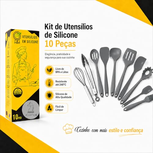 Conjunto CINZA Utensílios Jogo Kit Profissional 10 Peças Cozinha Silicone Resistente a Altas Temperaturas Antiriscos BPA Free Colher Espátula X-MATTE
