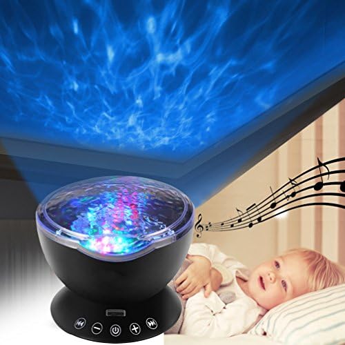 Enkman Ocean Wave Night Light Projector with 12 LEDs & 7 Color Changing Modes Baby Music Player with Remote Control & Timer for Nursery,Living Room & Bedroom,Room Decor for Infant Kids & Adults Black
