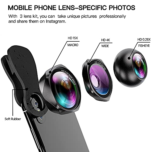 Conception De Lignes Ondulées Objectifs De Caméra De Téléphone HD-Objectifs avec 0.6X Super Grand Angle + 15X Macro + Objectif Fisheye 0.28X Compatible avec iPhone,Samsung Huawei iPad etc (Noir)