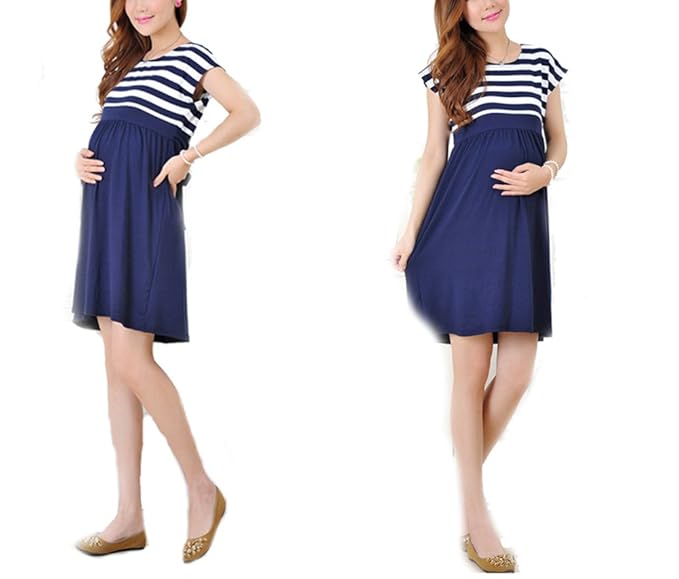 Women's Soft Cotton Striped Maternity Dress Pregnancy Clothing Maternitywear Tunic Dress