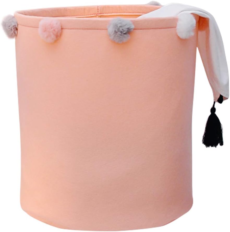 InwaguiCollapsible Nursery Storage Basket Soft Felt Storage Bins Portable Organizer with Pompom for Kids Toys, Baby Laundry, Home Decor - Orange