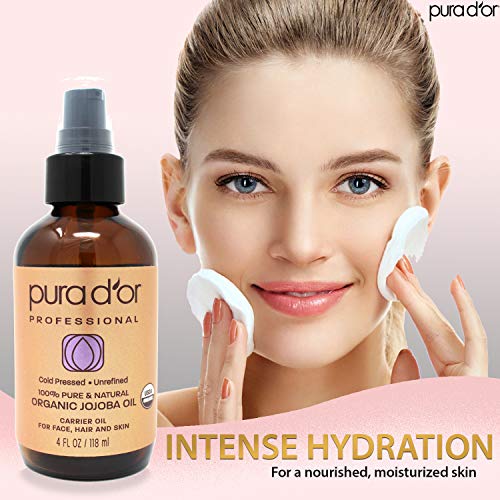 PURA D'OR Organic Golden Jojoba Oil (4oz) USDA Certified Premium Grade - 100% Pure & Natural Moisturizer - Cold Pressed, Unrefined, Hexane Free Base Carrier Oil for DIY Skin Care, Hair, Face & Nails