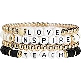 SCRDPRAD Handmade Teacher Appreciation Stackable Bracelets Colorful Solf Clay Love Teach Inspire Letter Beaded Adjustable Heishi Surfer Bracelets Sweet Teacher Gifts for Women