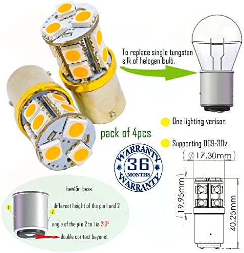 Wiseshine led auto bulb baw15d bulb S25 13smd 5050 DC9-30v wide range input 3 years quality assurance (pack of 4) baw15d 13smd 5050 Yellow