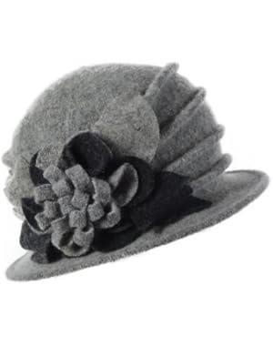 Women Floral Trimmed Wool Cloche Bucket Winter Hat Gray