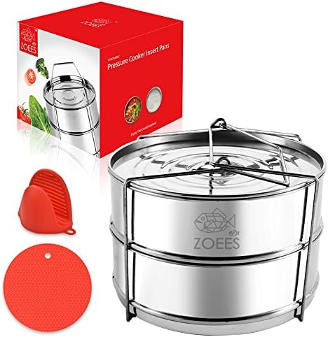 ZOEES Stackable Pressure Cooker Steamer Insert Pans - 5/6/8 Quarrt Instant Pot in Pot Accessories - 18/8 Grade 304 Stainless Steel - Silicone trivet Mat &amp; Mini Mitt Included
