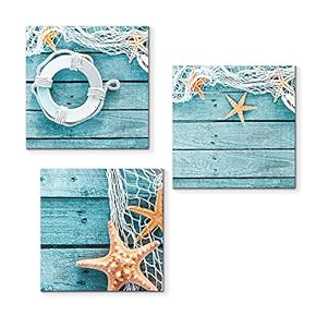 3 Piece Canvas Wall Art for Living Room Bedroom Home Artwork Starfish Shell Fishing Net Sands Beach Paintings Ready to Hang - 12"x12"x3 Panels