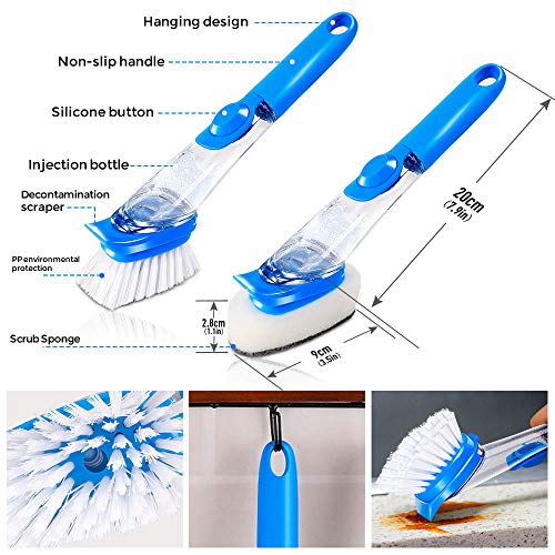 Kitchen Cleaning Brush Set Tools Dish Brush Cleaning Brush with Replacement Head (1 Bristles +3 Sponge Heads),Bottle Cleaning Brush,2 x Microfiber Cloths, for Kitchen or Bathroom Household