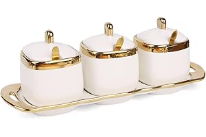 Fvstar Sugar Bowl with Lid and Spoon, Ceramic Salt Containers for Countertop, Salt and Sugar Container Sets, White Seasoning Bowls, Gold Condiment Containers for Kitchen Coffee Bar