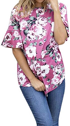 Womens Casual Floral Print T Shirts Summer V Neck Short Sleeve Criss Cross Tunic Tops Blouses