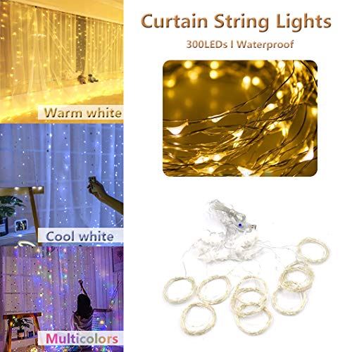 300 LED Curtain String Lights, 9.8ft x 9.8ft USB Powered Fairy Twinkle Lights for Wedding Party Home Garden Bedroom Outdoor Indoor Wall Christmas Decoration - Warmwhite