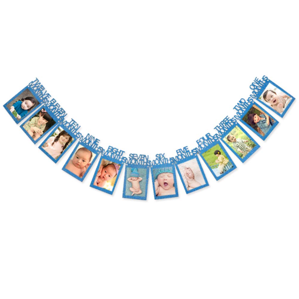 Baby 1st Birthday Photo Frame Banner Newborn to 12 Month Party Decor Growth Record Picture Display Set Picture Holder for Baby's Birthday Party Blue