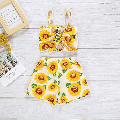 Toddler Baby Girls Halter Off-Shoulder Sunflower Crop Top with Bow+ Shorts Outfits Clothes Set (Sunflower, 3-4 Years)