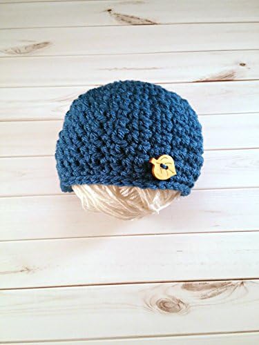 Baby Boy Blue Button Hat, Crochet baby hat, Newborn Boy Prop, Button Beanie, Wood Button Hat, Baby Button Hat