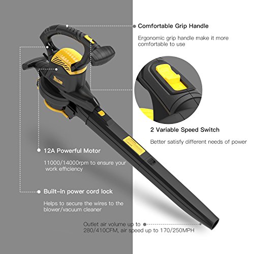 CHEAP Leaf Blower Vacuum, TECCPO TABV01G 12Amp 250MPH 410CFM 3 in 1
