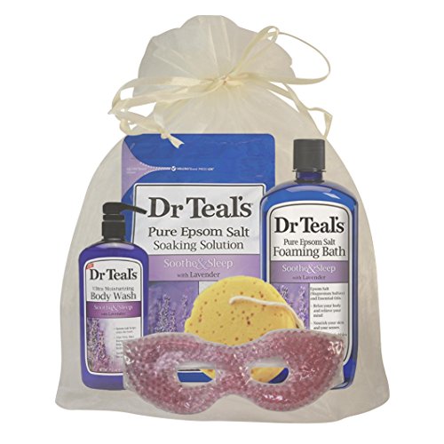 Dr Teal's 5 Piece Soothe and Sleep with Lavender Bath Set Featuring Pure Epsom Salt Soaking Solution, Pure Epsom Salt Foaming Bath, Ultra Moisturizing Bodywash, Natural Sponge, and Gel Bead Eye Mask