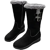 Azttoztto Women's Wedge Snow Boots Suede Mid Calf Boots with Side Zipper Faux Fur Lined Water Resistant Winter Boots (Black,8)