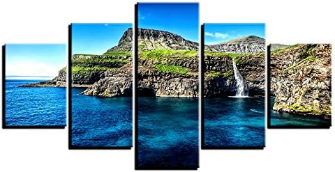 Paradise Is An Island Alpine Waterfall 5 Panels HD Modern Landscape Artwork Canvas Prints Abstract Pictures Sensation to Photo Paintings on Canvas Wall Art for Home Decorations Wall Decor,20x35 20x45 20x55cm,Frame