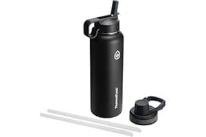 ThermoFlask 40 oz Double Wall Vacuum Insulated Stainless Steel Water Bottle with Spout and Straw Lids, Black