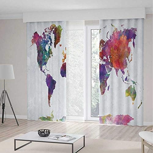 ALUONI Bedroom Curtains TT02 Watercolor Living Room Bedroom Curtain Multicolored Hand Drawn World Map Asia 2 Panel Set 196W x 83LInches