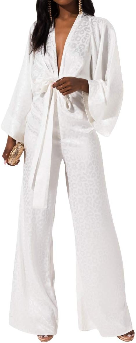 AKIRA Women's Leopard Embossed Satin Jumpsuit with Matching Tie Belt