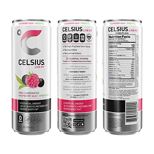 CELSIUS Raspberry Acai Green Tea, Functional Essential Energy Drink 12