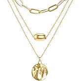 FAMARINE Gold Layered Pendant Long Necklace, 3 Layer Choker Necklace Chain Pendant Costume Jewelry for Women