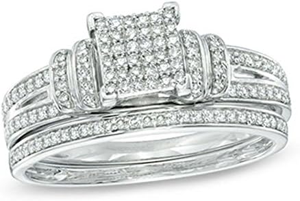 SRJEWELS 1/3 CT Created Simulated Diamonds Micro Pave Square Double Collar Bridal Set 14K White Gold Plated Alloy