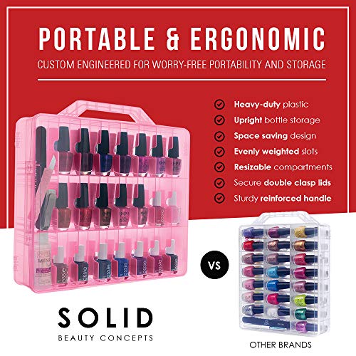 Nail Polish Organizer by SOLID Beauty Concepts - Declutter, Get Organized & See Your Full Collection - Portable Case w/ Handle & Double Locking Lid. 48 Slot Nail Polish Storage & 2 Tool Compartments