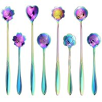 SelfTek 8Pcs Rainbow Flower Spoon Set, 2 Different Size Colorful Stainless Steel Teaspoons Rainbow Coffee Stirring Spoon