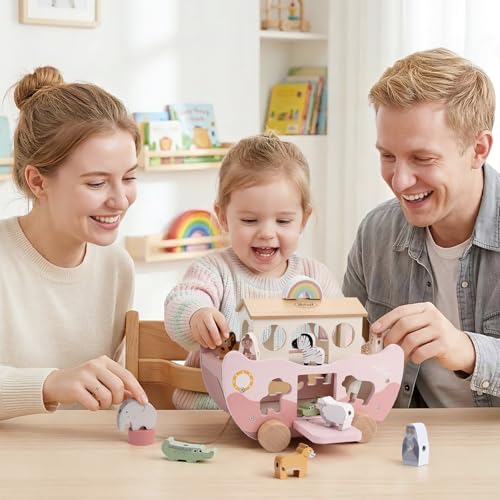 Joyreal Noahs Ark Wooden Toy - Christening Gifts for Girls Boys, Baptism Gifts, Montessori Toys for 1 2 3 Year old, Stacking Baby Toys, Farm Animals Shape Sorter Toddler Toy