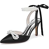 HKMFLYY Women's Pearl Heels with Bow Wedding Shoes for Bride High Heels Bridal Shoes Slingback Satin Heels