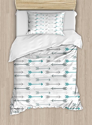 Ambesonne Teal Duvet Cover Set Twin Size, Retro Arrow Pattern in Horizontal Line Heading to Opposite Directions Art Print, Decorative 2 Piece Bedding Set with 1 Pillow Sham, Grey Teal White